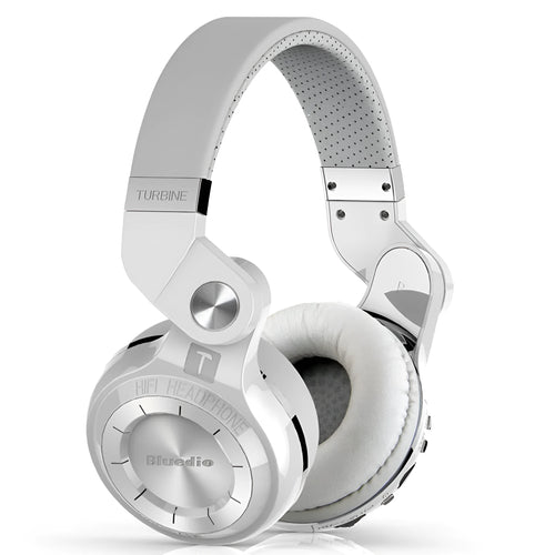 Black Bluetooth over-ear headset with an in-line subwoofer unit on the cable.