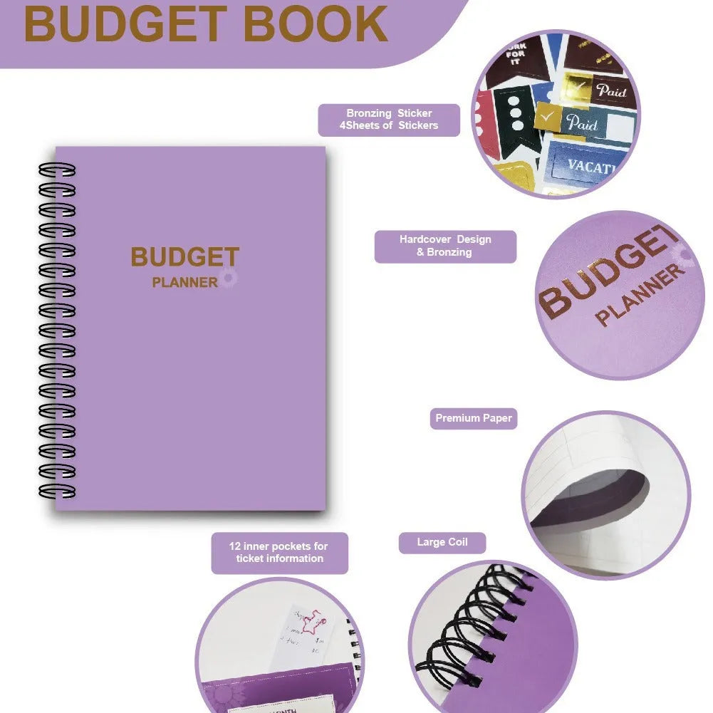 J12 purple coil-bound financial planning notebook with budget stickers and paper clips on Daolin paper pages
