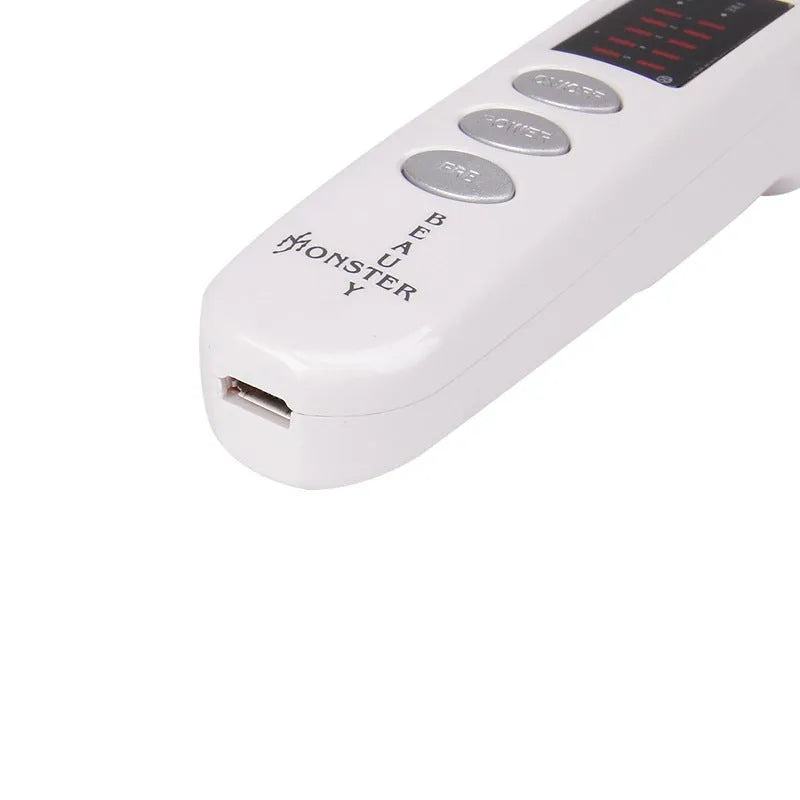 White beauty instrument facial massager with ABS plastic body and control buttons for gear selection