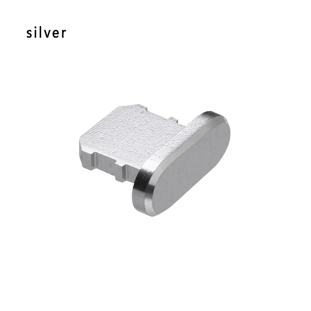Aluminium alloy charging port dust plug for iPhone in various colours including gold, black, and rose gold.