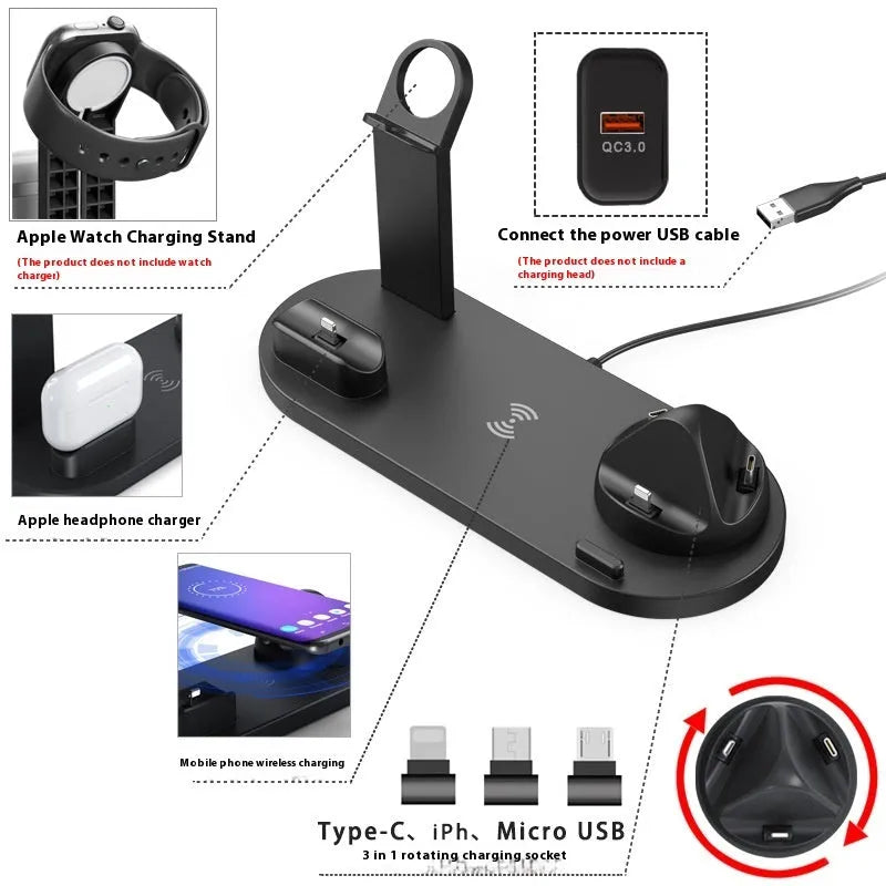 Black wireless charging stand holding a mobile phone and smartwatch upright with headphones in slot.