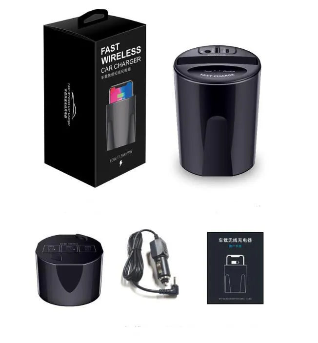 Black car wireless charging cup holder with QI 10W charging, USB and Type-C ports