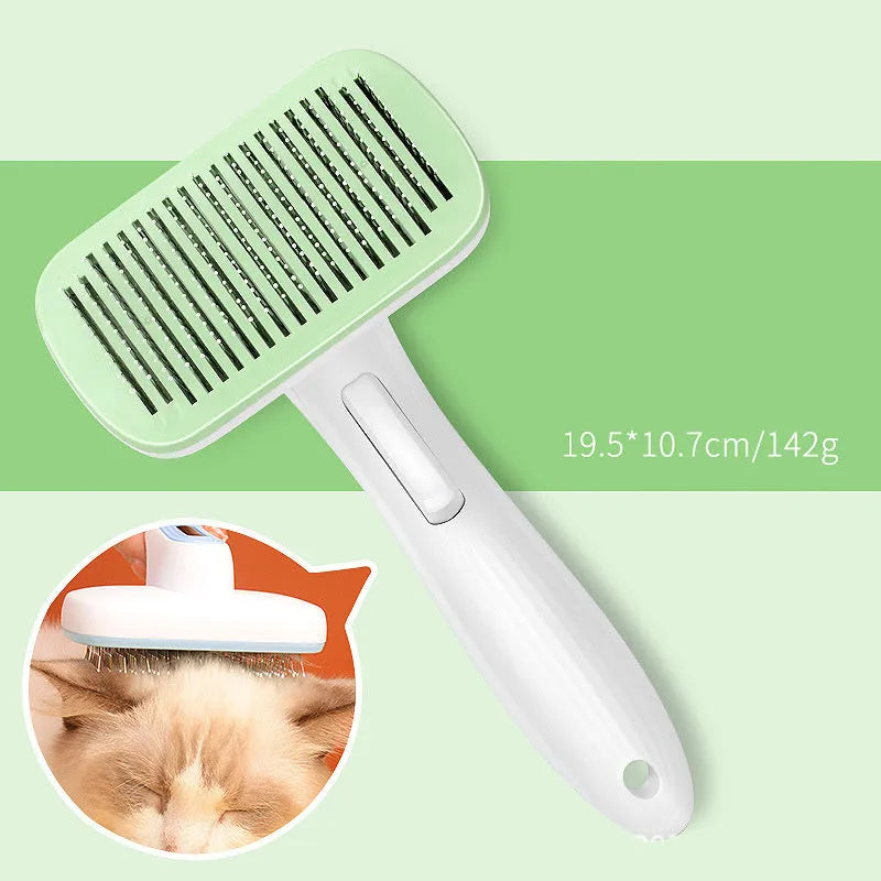 Automatic pet hair removal comb for dogs and cats in blue, grey, green, or pink colour options
