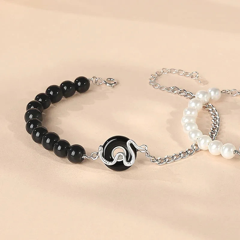 Sterling silver 925 Chinese Obsidian Pearl Bracelet with snake zodiac design and safe buckle for couples