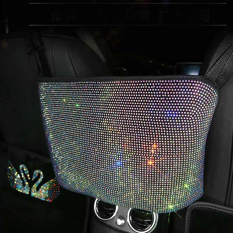 Crystal rhinestone car storage bag with multi-pockets on backseat