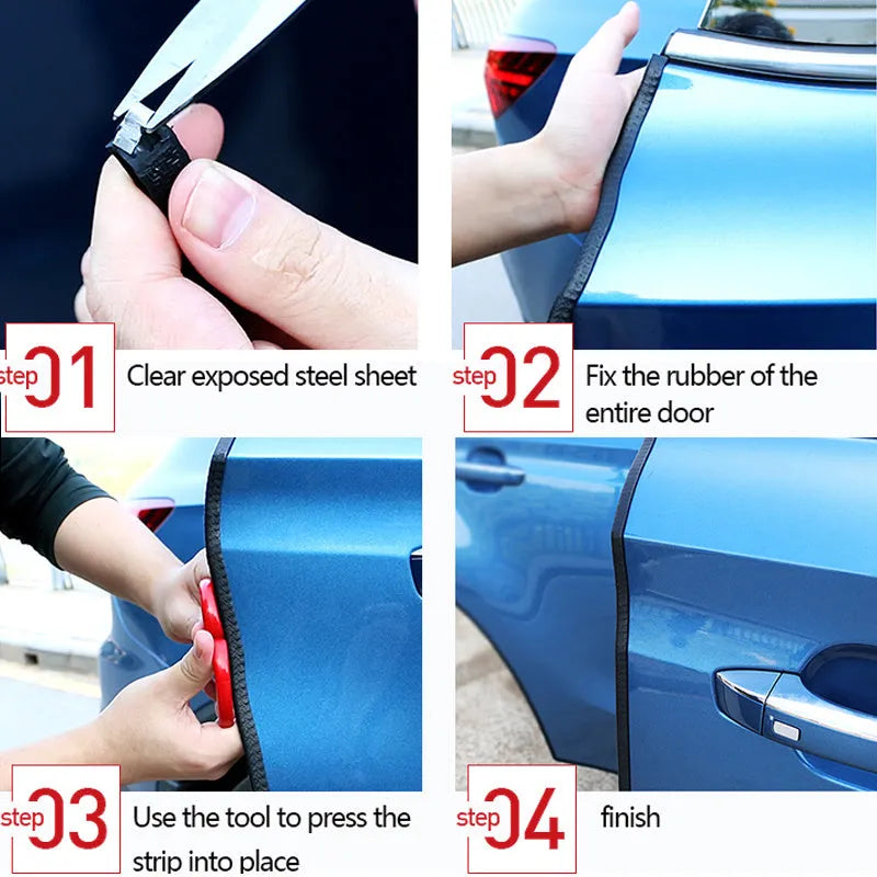 Universal car door edge anti-collision strip with built-in steel disc, PVC and metal construction, available in multiple colours and sizes on a car door.