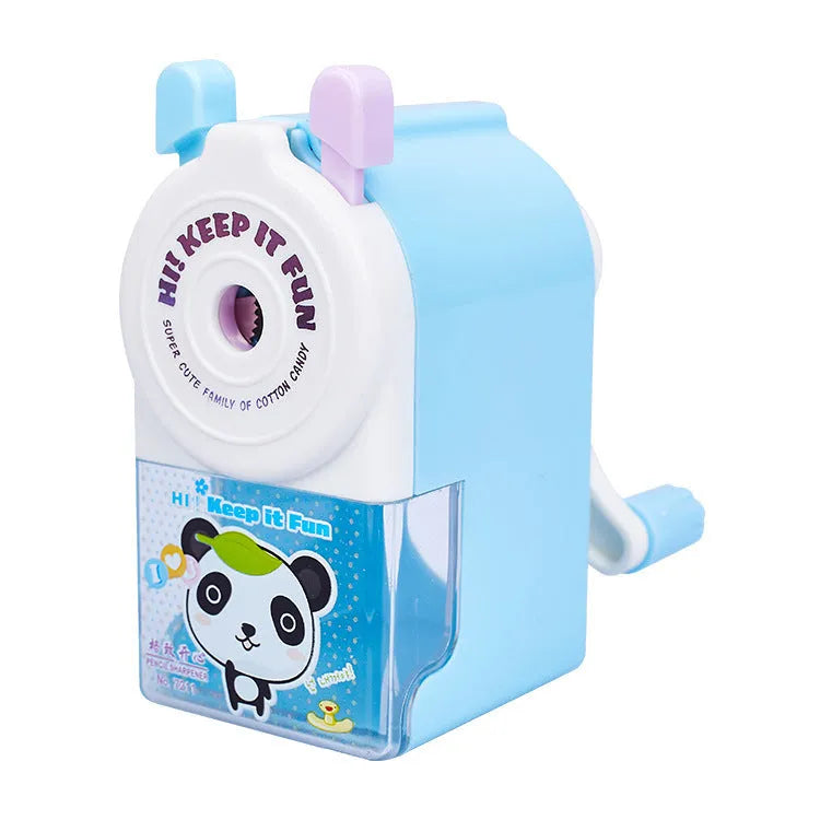 Cartoon pet pencil sharpener with geometric design in blue, green, pink, and purple options