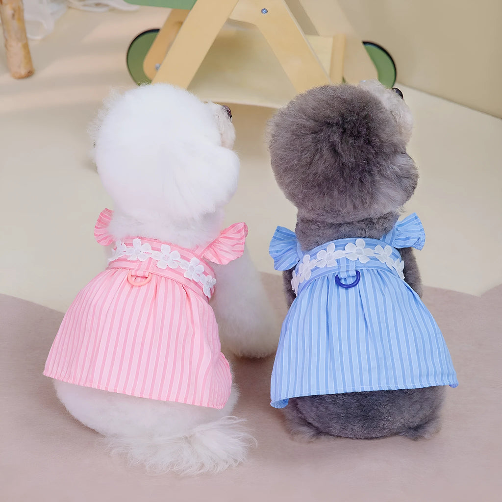 Pink and blue stripe vertical stripe princess style dog dress on female dog