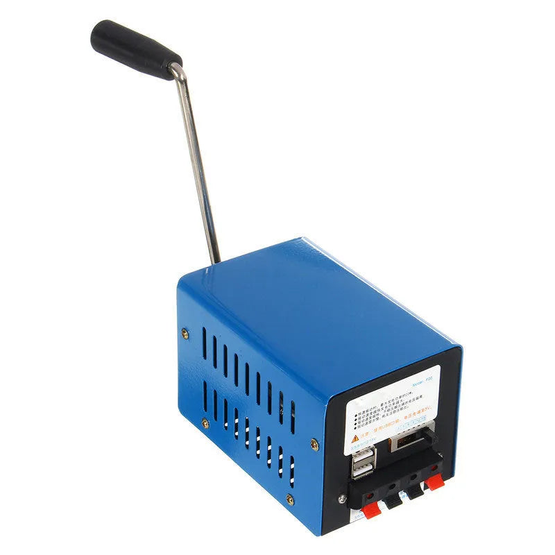 Blue metal USB emergency hand crank generator showing voltage selection panel and compact 125mm size
