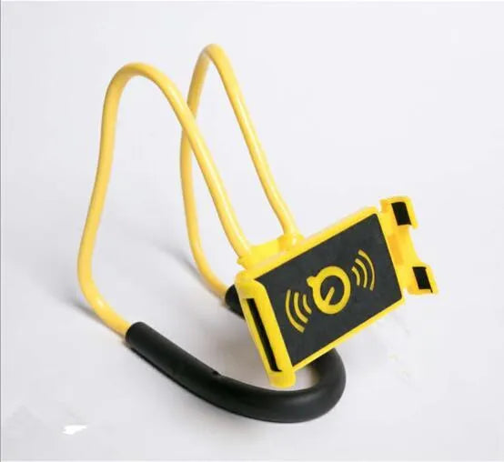 White universal neck phone holder with 360-degree rotating clamp on a table