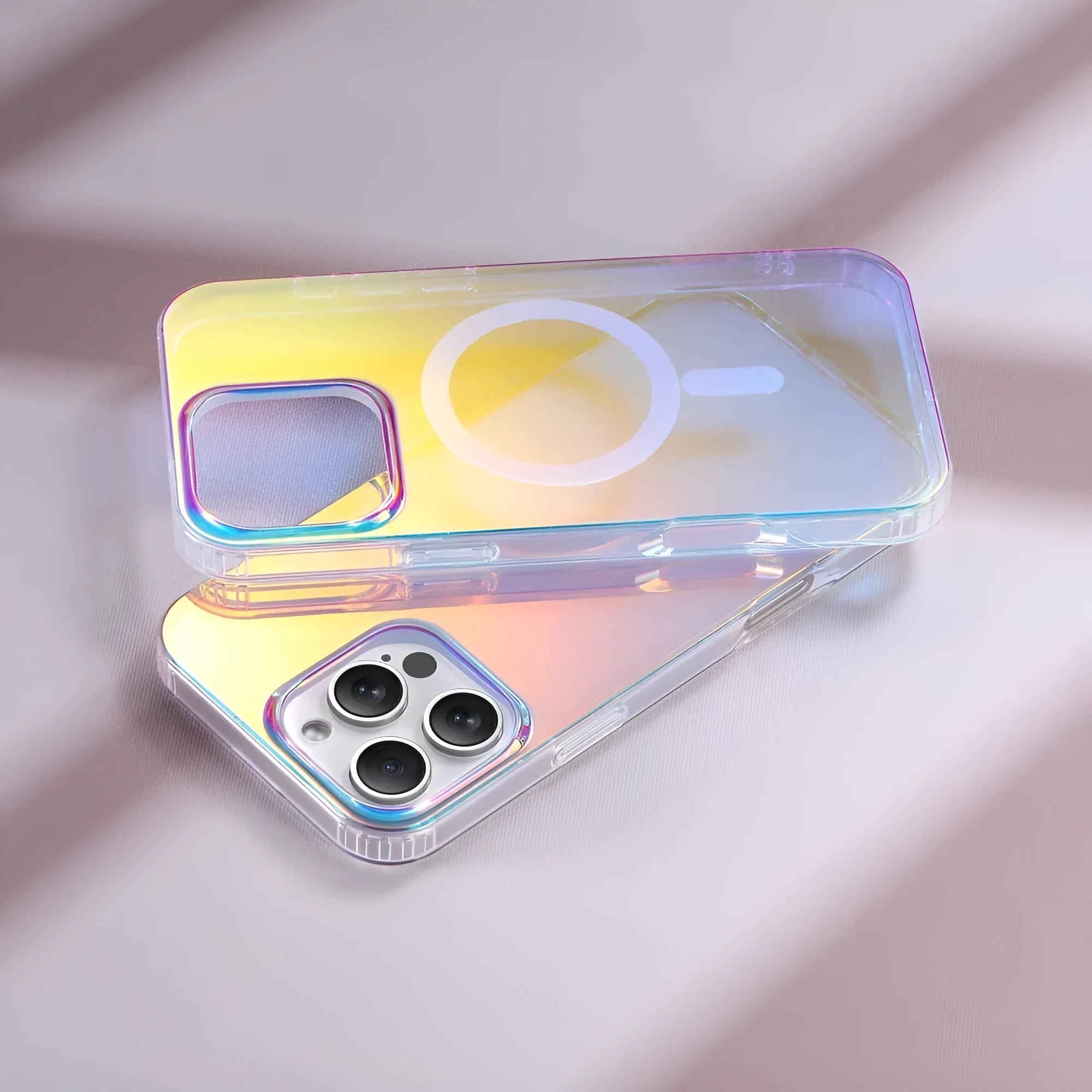 Glossy transparent magnetic iPhone case with chameleon colour-shift design on a smartphone.