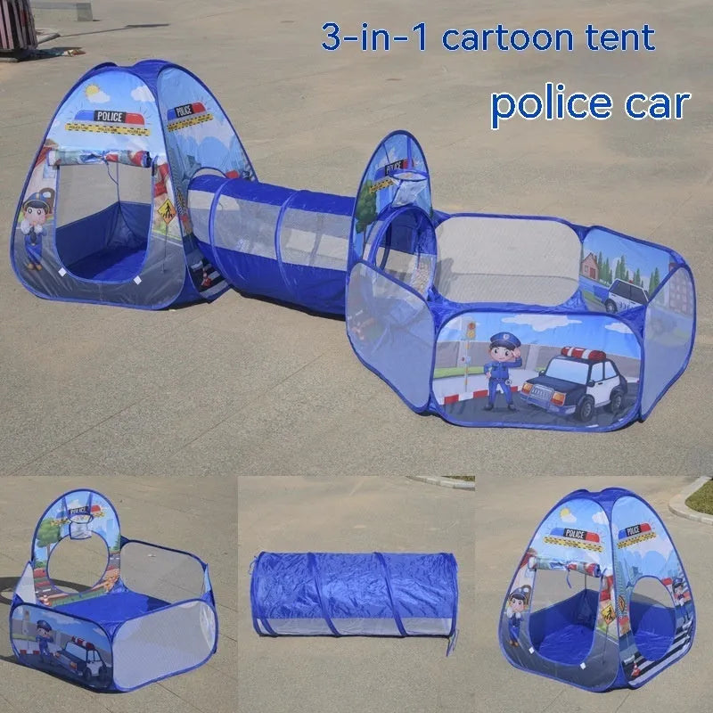Cartoon themed three-in-one children's play tent with ball pool and tunnel