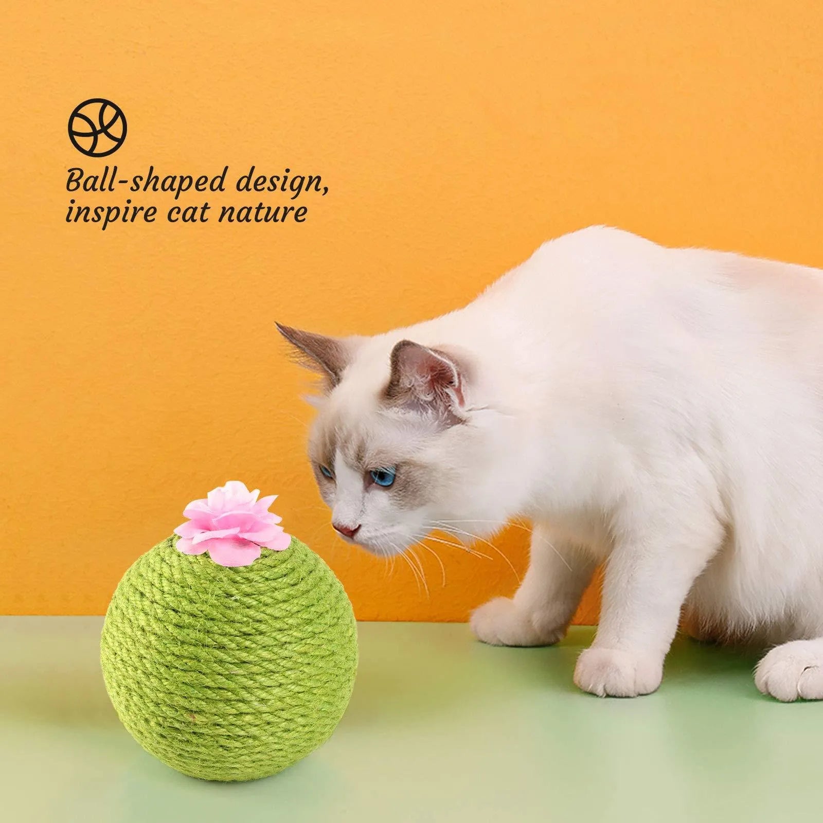 Green cactus-shaped cat scratcher with rolling ball and sisal tree tower for indoor feline play