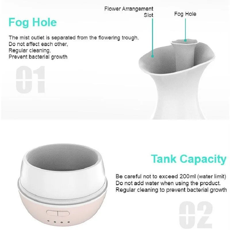 White or pink ultrasonic aromatherapy vase diffuser with 200ml tank and colour-changing LED night light