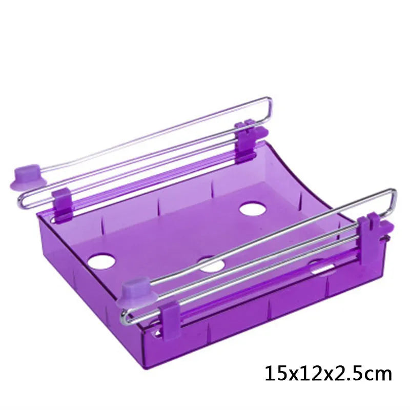 Hanging plastic refrigerator storage rack with drawer compartments and clapboard design for kitchen organisation