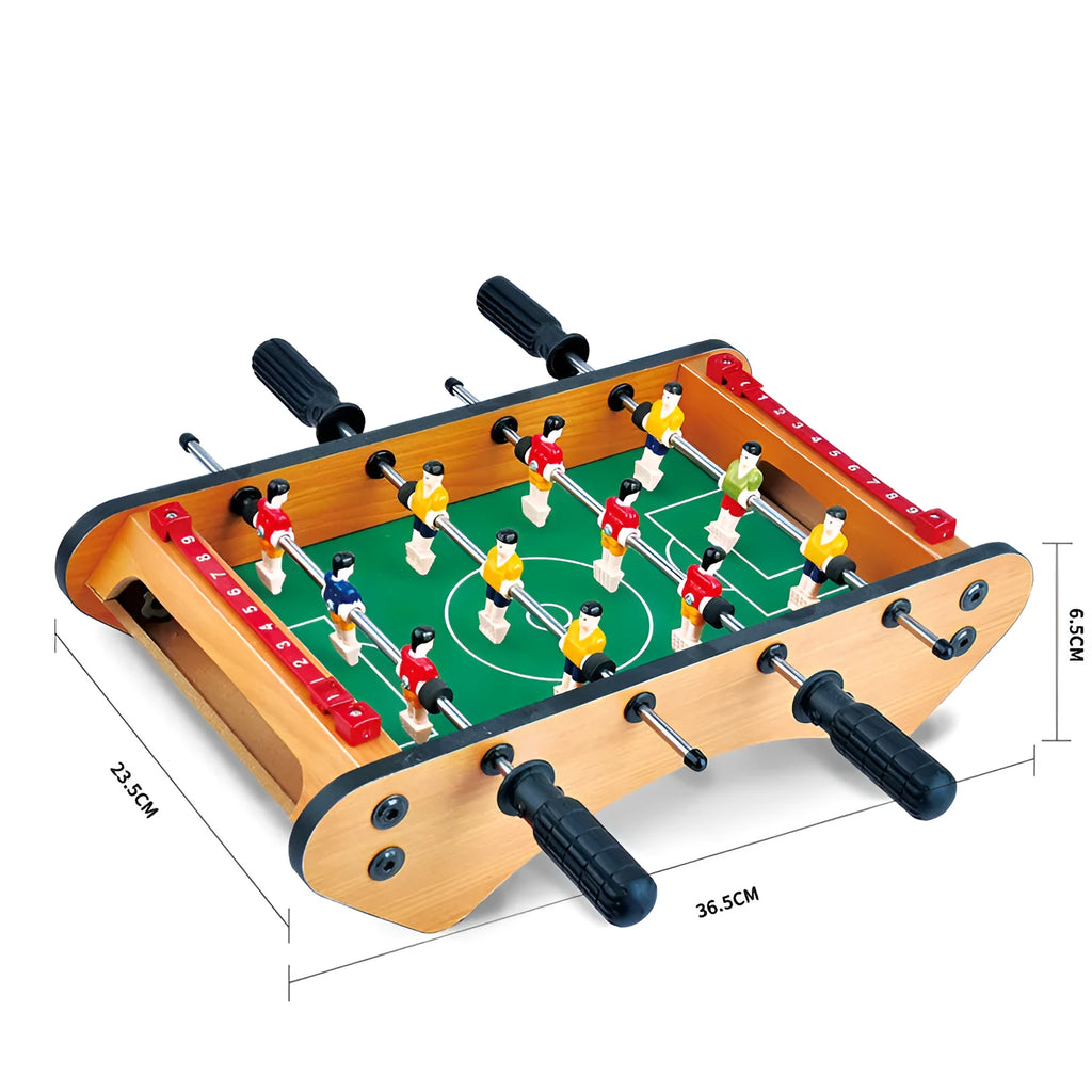 Wooden table football machine with two sets of coloured player figures on a green playing field, ready for two-person play