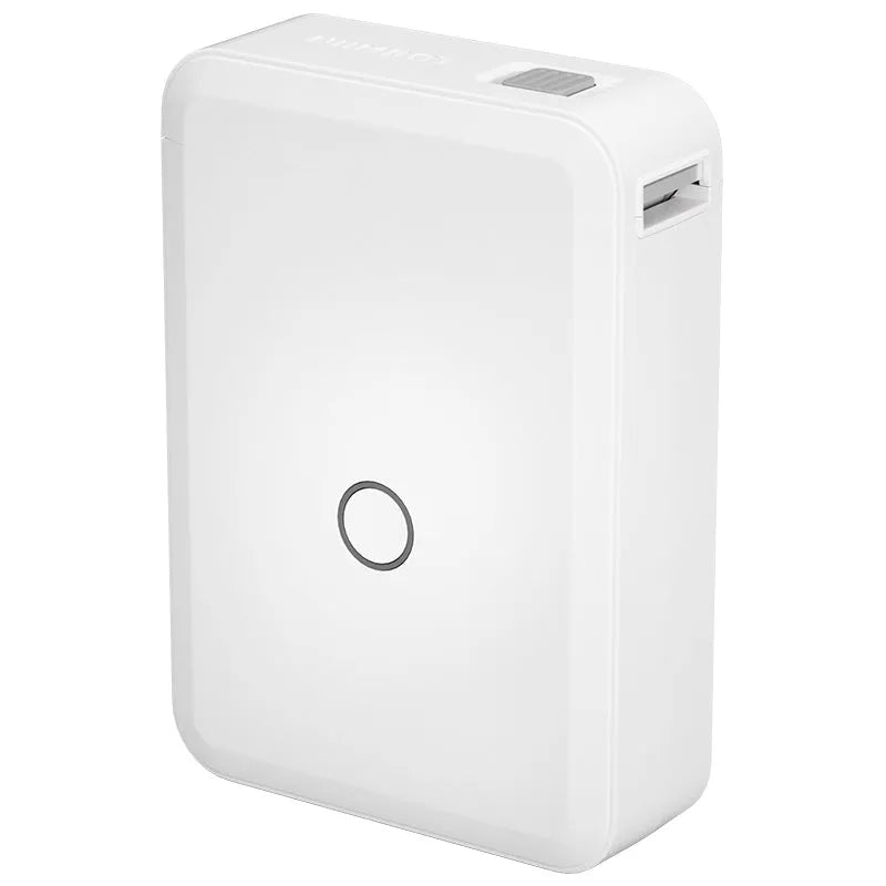 D110 thermal label printer in white with half-inch label roll, front view showing compact size and paper slot