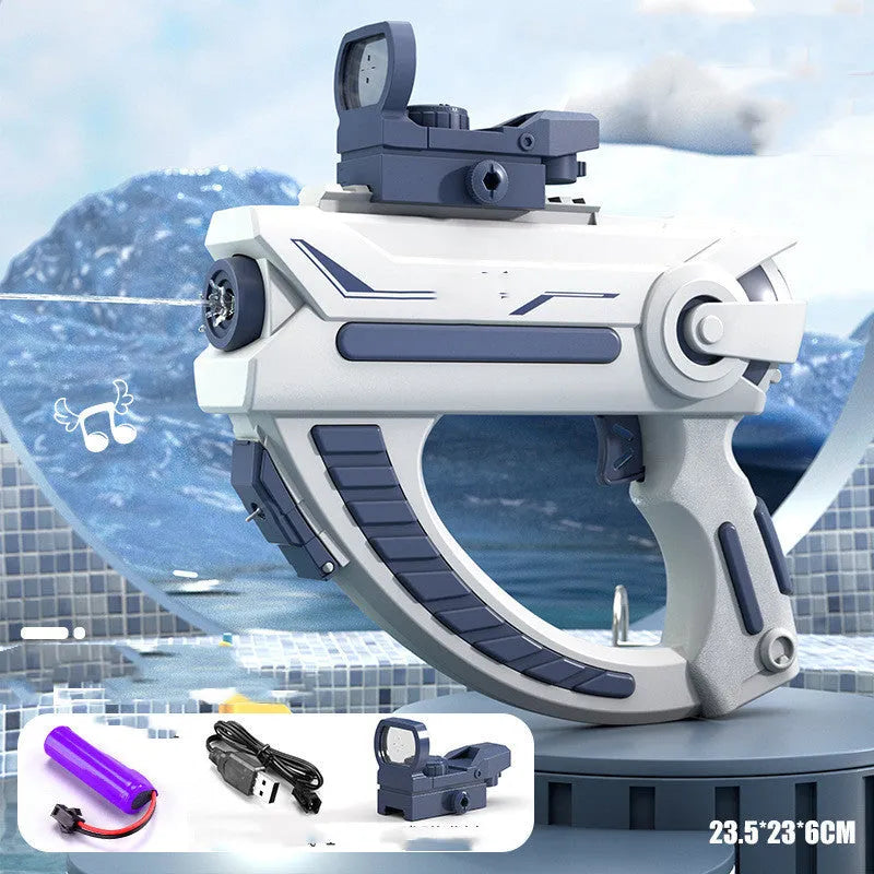 Blue electric water gun with USB charging cable and 358ml water capacity for outdoor play