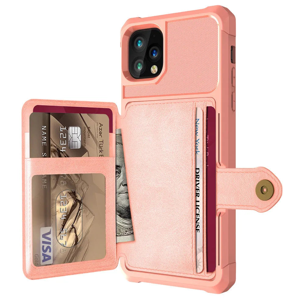 Imitation leather iPhone case with card wallet compartment in black blue green pink red colours