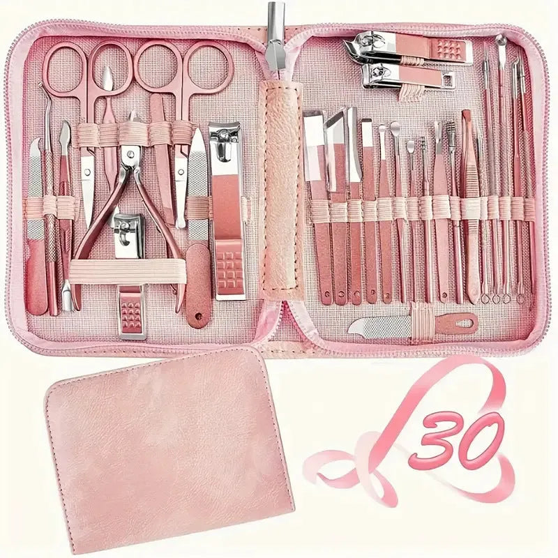 30-piece stainless steel nail beauty tool set showing various manicure and pedicure tools