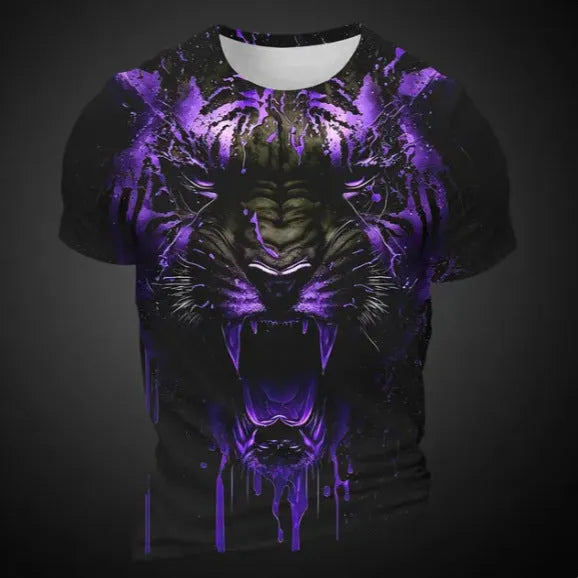 Men's grey short sleeve T-shirt with a detailed 3D tiger face digital print on the front.