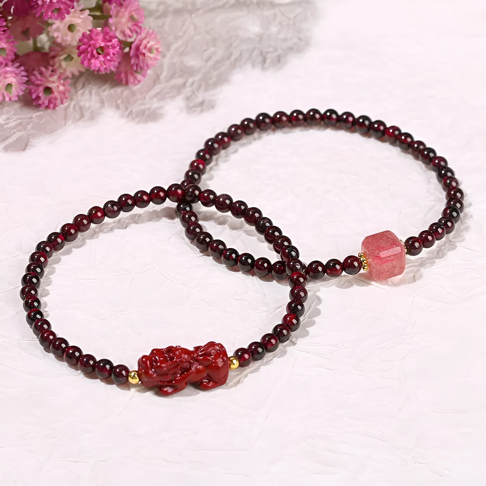 Natural garnet square bracelet with purple sand Pixiu carving, geometric women's jewellery