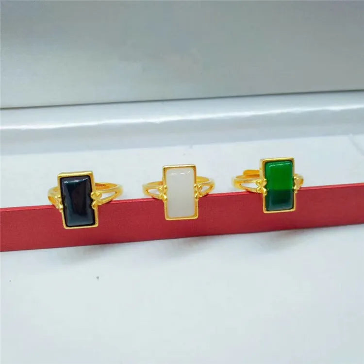Adjustable gold-plated brass ring with artificial gemstone in national style design