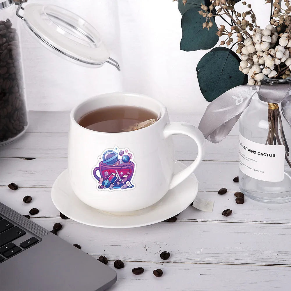 Pack of 50 colourful tea cup graffiti waterproof stickers in Nordic style for DIY luggage and scooter decoration.