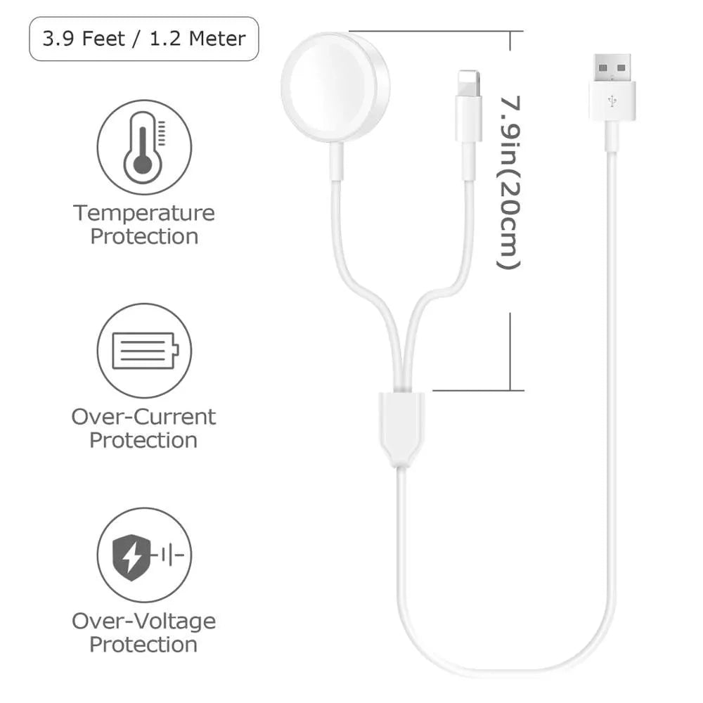 White two-in-one wireless charging pad for smartwatches and fitness trackers with USB cable.