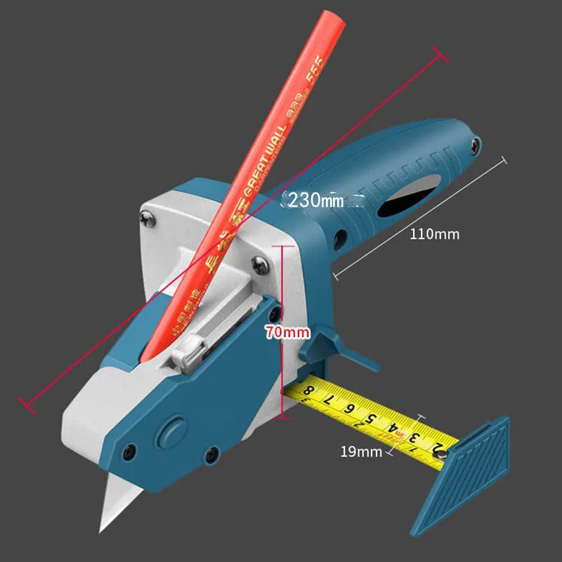Blue multifunctional woodworking cutter with aluminium alloy and TPR plastic handle, one-press lock, and precise scale