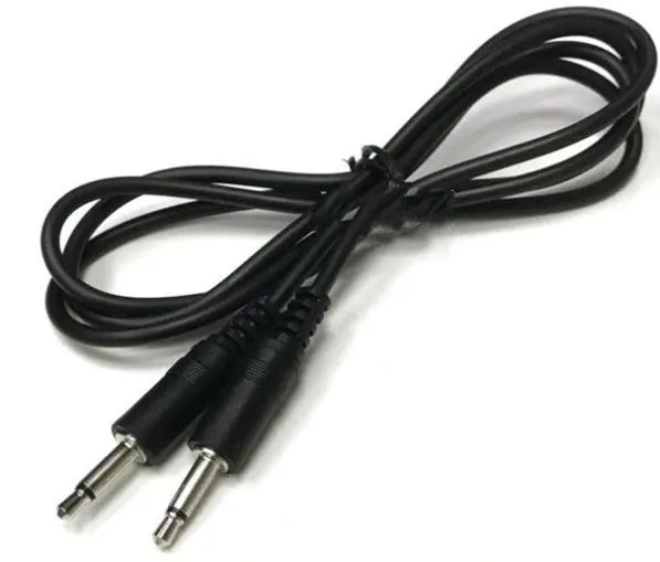 Black 3.5 mm audio extender cable with male plug and female socket, 1 metre in length.