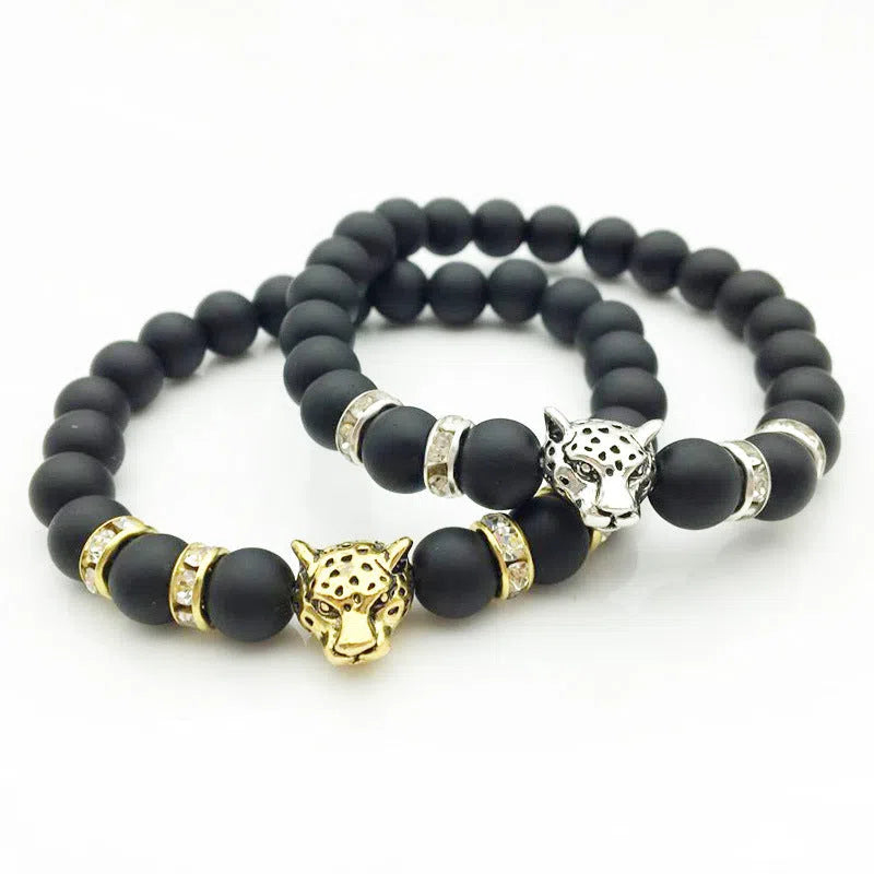 8mm natural stone and lava stone bead bracelet with leopard head pendant for men, 18cm diameter, gold frosted black