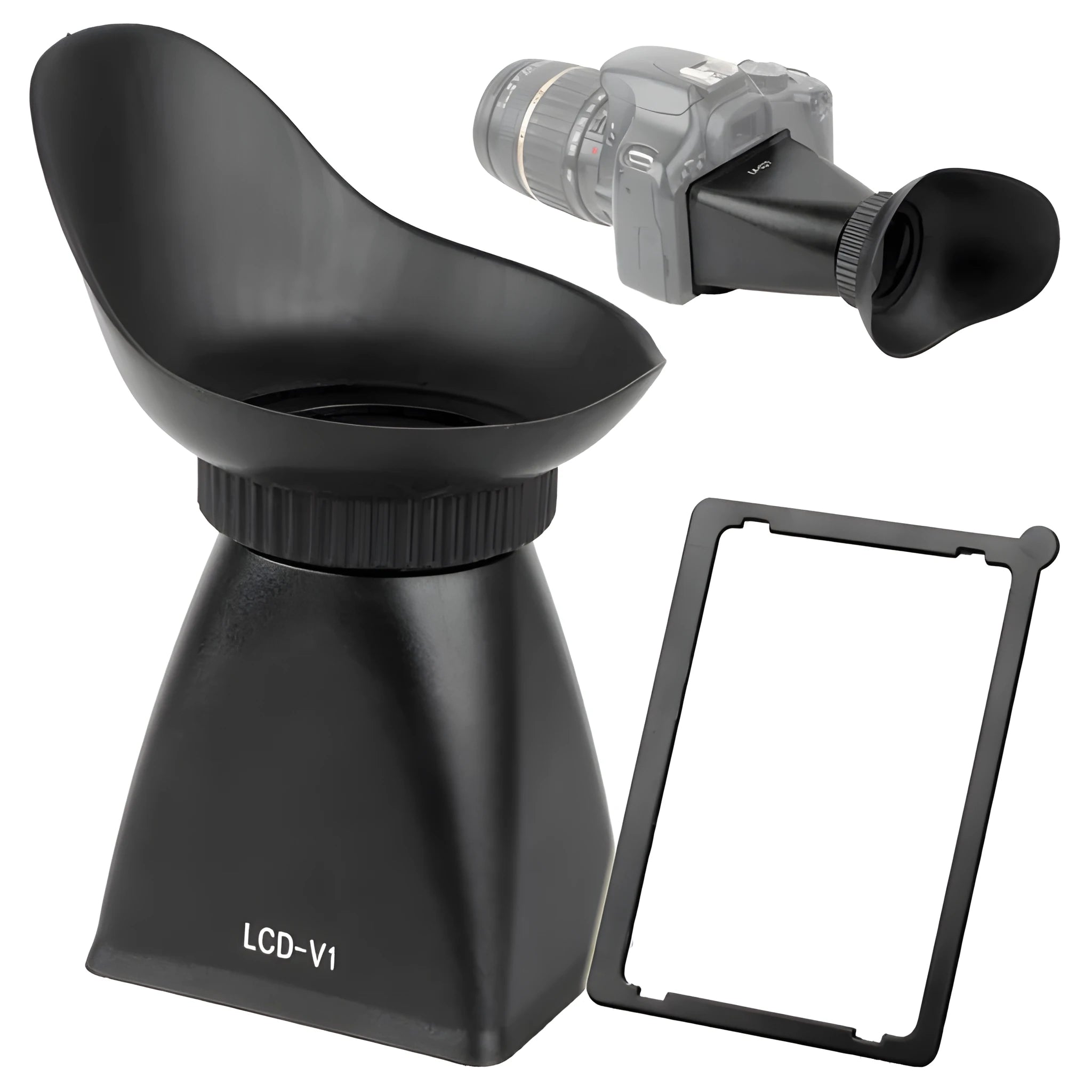 Black camera LCD viewfinder with 2.8x magnification and magnetic mount shown on a DSLR.