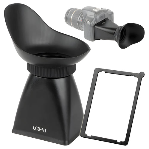 Black camera LCD viewfinder with 2.8x magnification and magnetic mount shown on a DSLR.