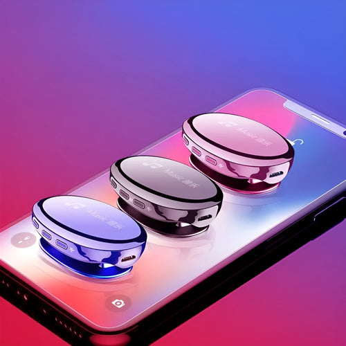 Blue Bluetooth MP4 music player with OLED screen showing menu, next to headphones.