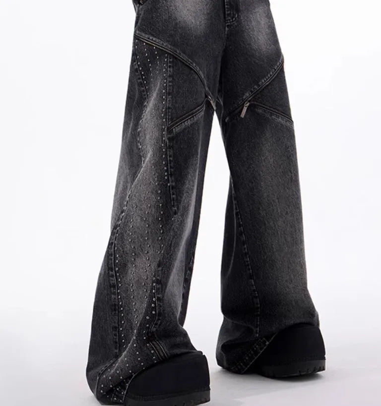 Black and grey structured zipper wide leg pants with washed denim fabric Korean style