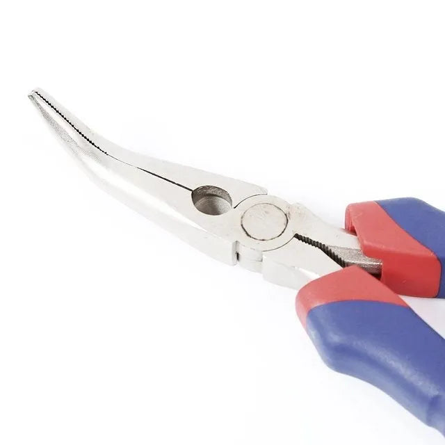 Blue handled curved nose pliers with double-colour plastic sleeves for electronics and craft work.