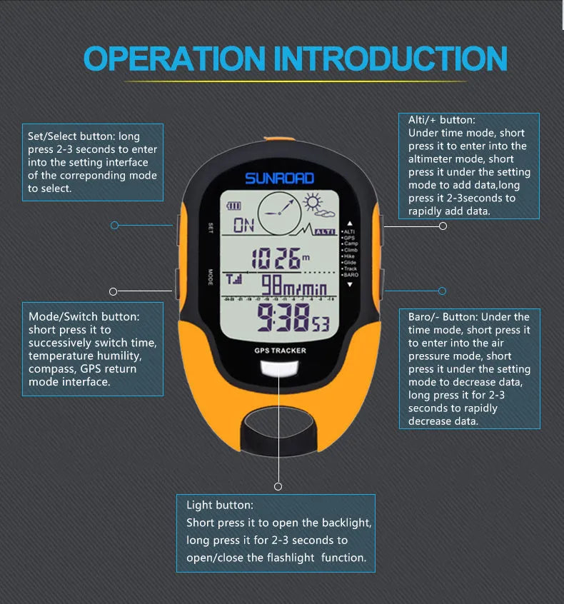 Yellow outdoor navigation altimeter with electronic compass and air pressure display on a rock