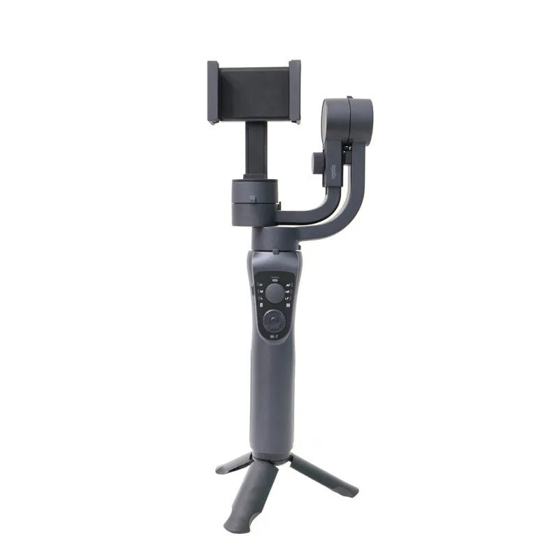 Black three-axis handheld gimbal stabiliser for mobile phone with PPA+nylon arm, ABS+PC handle, and tripod