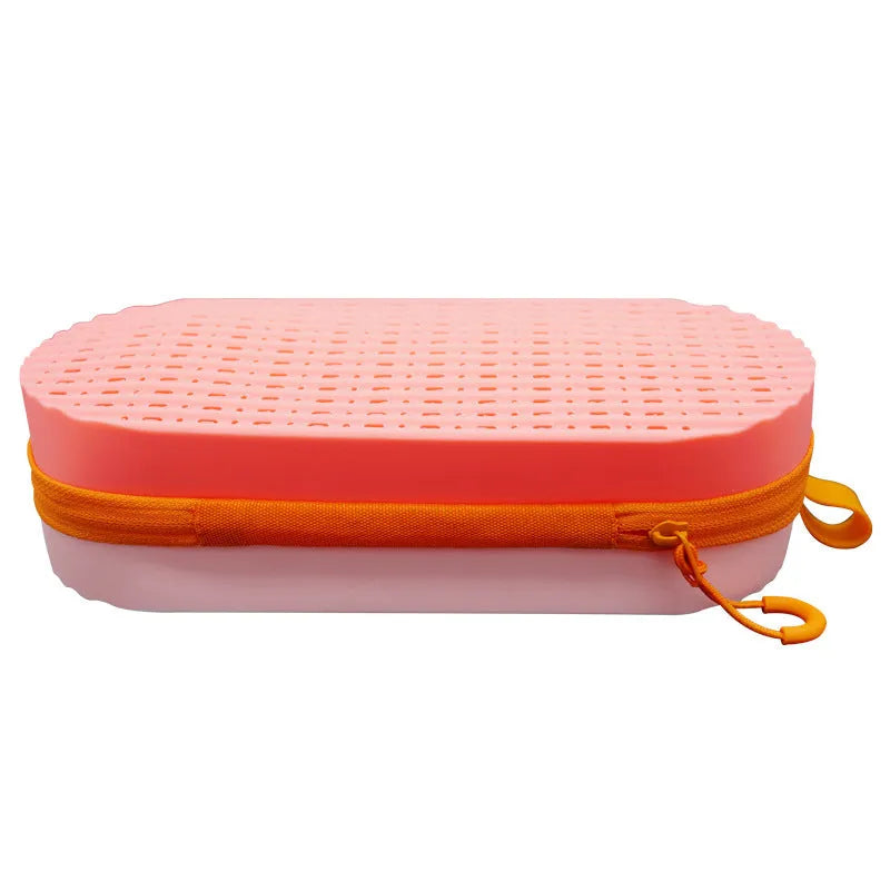 Silicone glasses case in multiple colours showing long hand shape and size scale