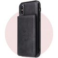 Synthetic leather back cover phone case with card wallet slot for iPhone, shown in multiple colour options.