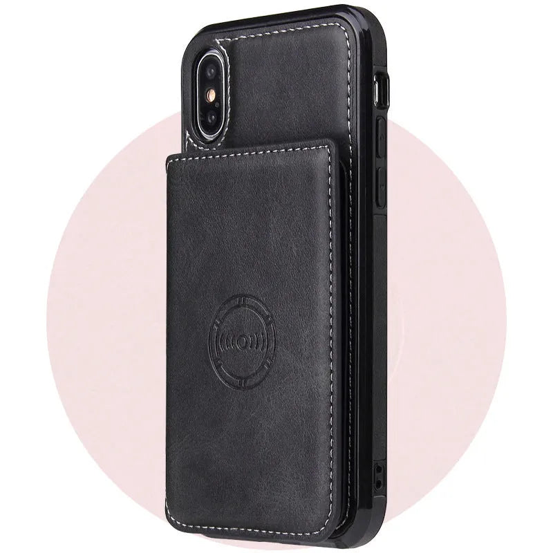 Synthetic leather back cover phone case with card wallet slot for iPhone, shown in multiple colour options.