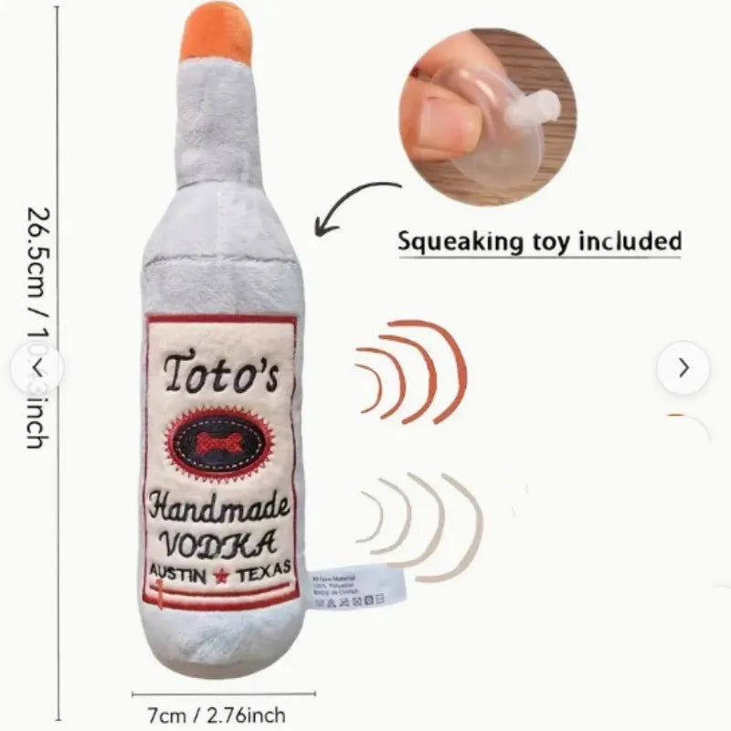 Brown plush dog toy shaped like a wine bottle with squeaker for chew play