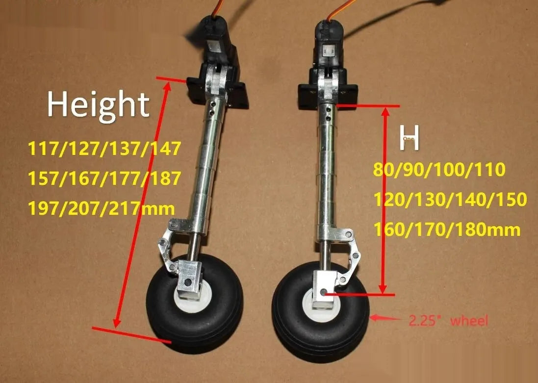 Alloy retractable landing gear for electric toy aircraft with shock absorption and wheel options