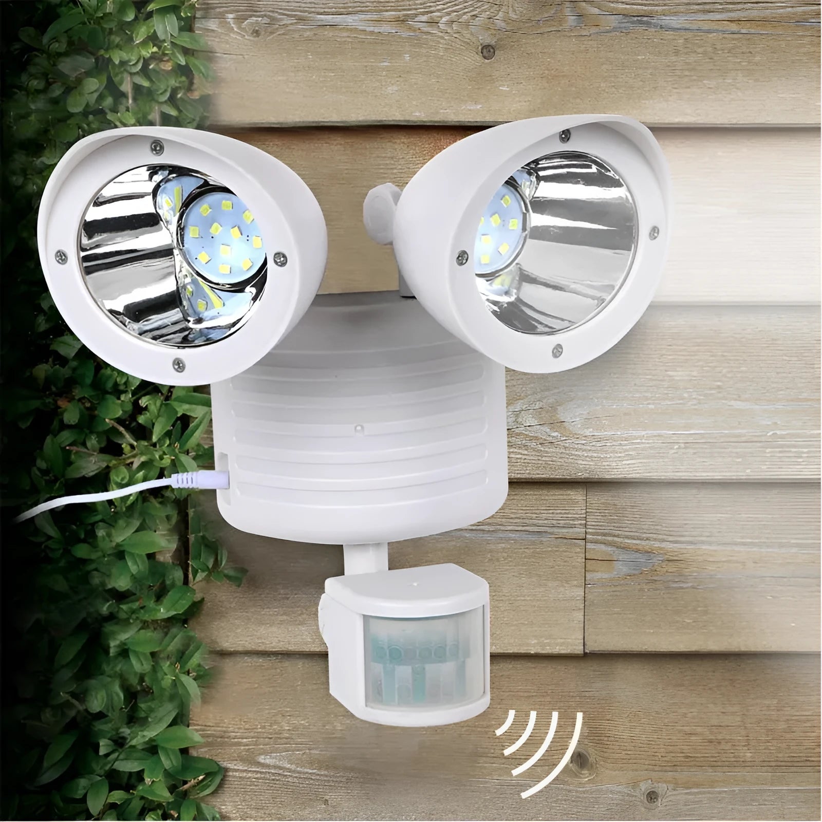 Black and white dual head solar motion sensor spotlight for outdoor wall mounting with adjustable brightness