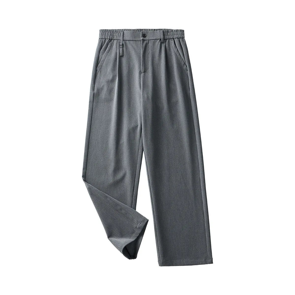 Men's black loose straight-leg business casual trousers on a hanger showing the draping style fit.