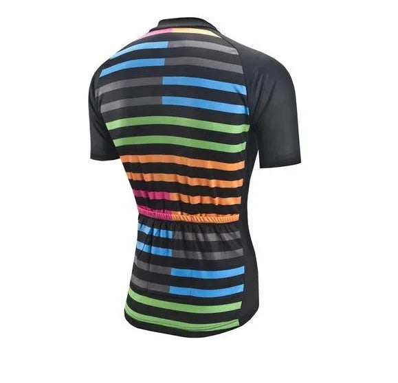 Short sleeve striped cycling jersey with three back pockets on a white background