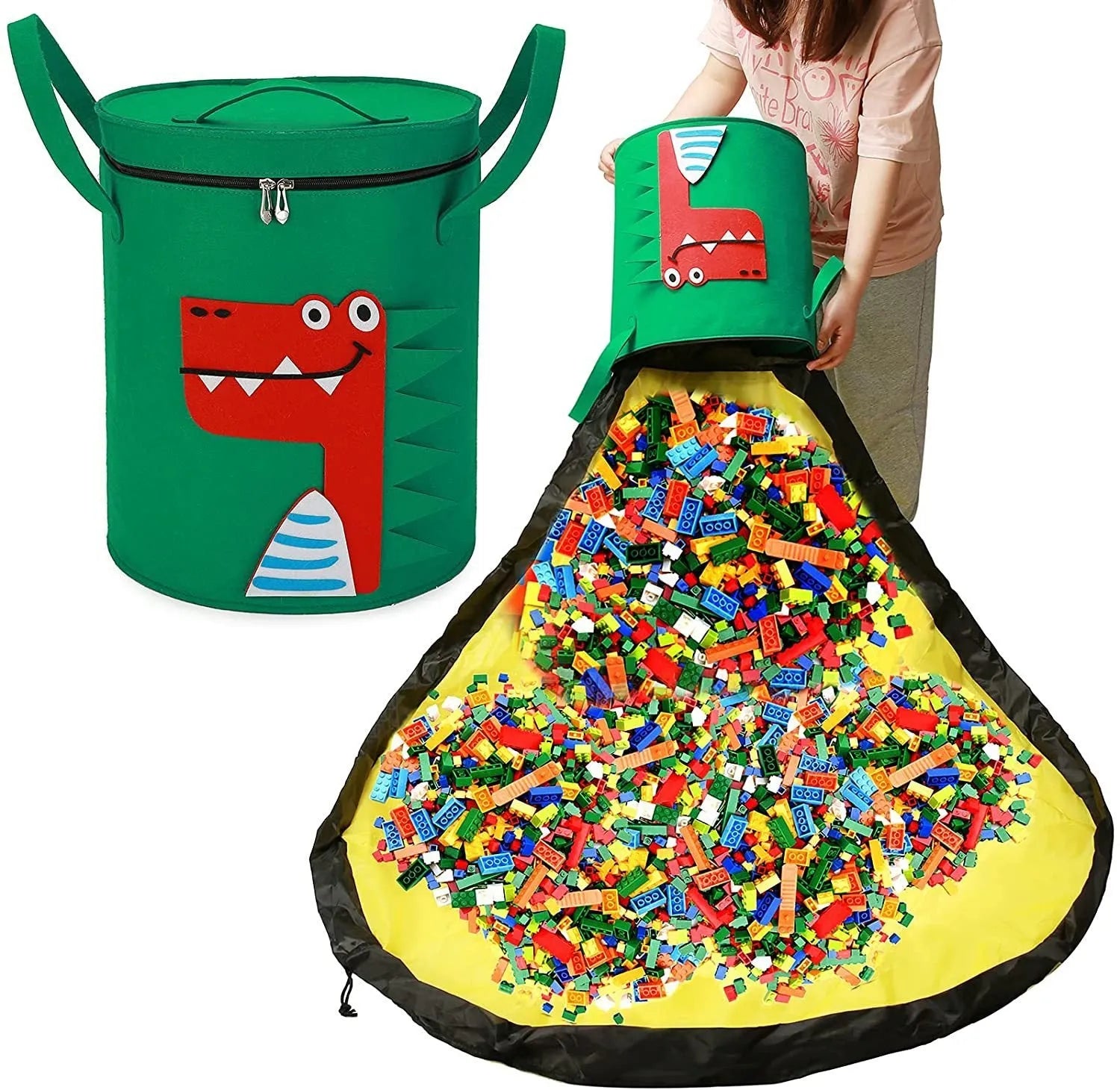 Green felt cube storage bag with pull rope closure shown as toy play mat