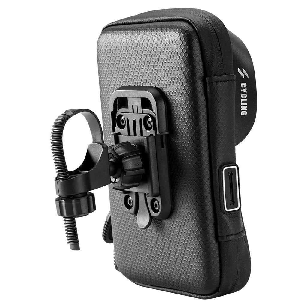 Black waterproof touch screen bicycle handlebar bag mounted on handlebars with phone visible through TPU window