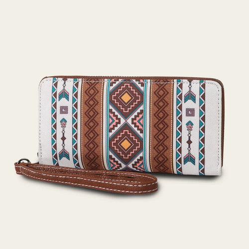 Bohemian striped canvas RFID wallet with wind belt closure in beige colour